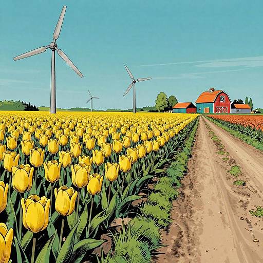 Vibrant digital illustration of a yellow tulip field with three wind turbines, a dirt path, and red barns under a clear blue sky.