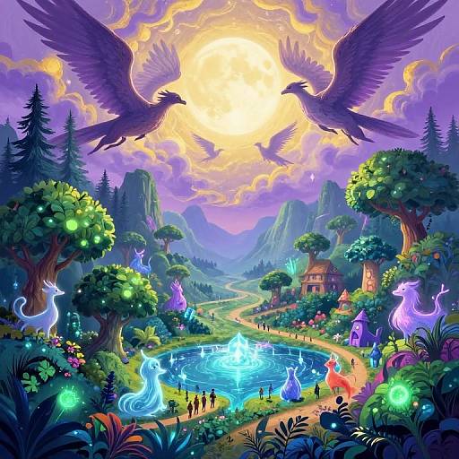 Vibrant Fantasy Realm with Magical Creatures