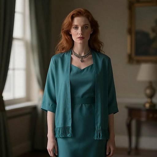 Elegant Woman in Teal and Red