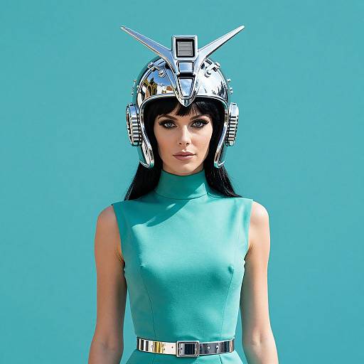 Photorealistic CGI of a woman with fair skin, black hair, wearing a metallic futuristic helmet and teal sleeveless dress, against a solid blue background