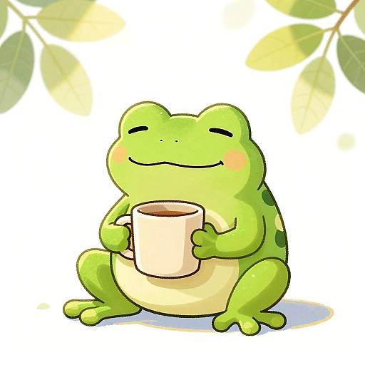 Cute cartoon green frog with closed eyes, blushing cheeks, holding a beige mug, sitting against a bright, leafy background.