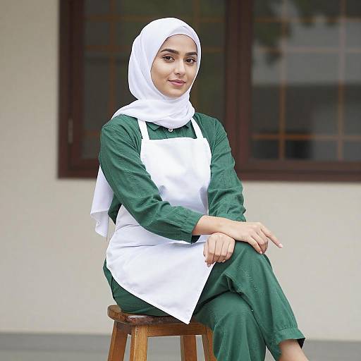 Photograph of a smiling South Asian woman with light brown skin, wearing a white hijab, green long-sleeve dress, and white apron