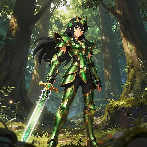 Digital anime-style artwork of a fierce female warrior with green armor and a glowing sword, standing in a sunlit forest.