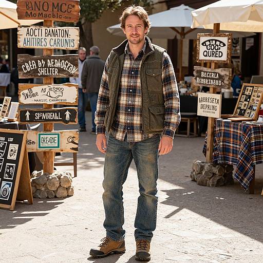 Photograph of a bearded man in a plaid shirt, denim vest, and jeans standing in a sunny outdoor market with wooden signs and plaid