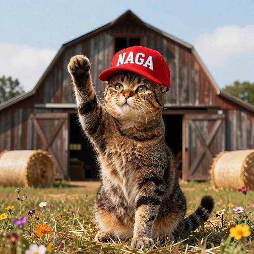 Photograph of a tabby cat with a red 