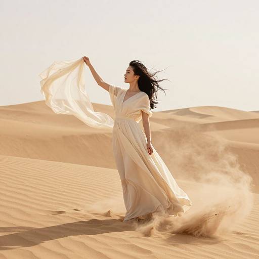 Photograph of a woman with long black hair, wearing a flowing white dress, dancing in a sunlit desert, creating a swirling sand effect.