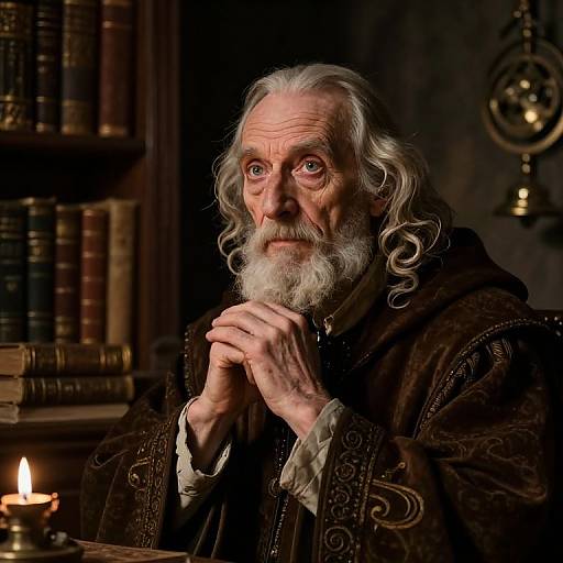 Photograph of an elderly, white-haired, bearded man with wrinkled skin, wearing a dark, ornate robe, clasping hands in a