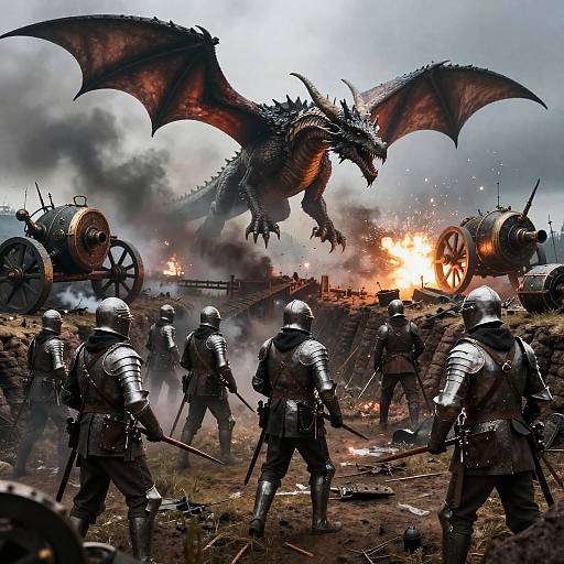 Photograph-style CGI: Medieval battle scene with armored knights facing a roaring, winged dragon amidst explosions, cannons firing, and smoke-filled sky.