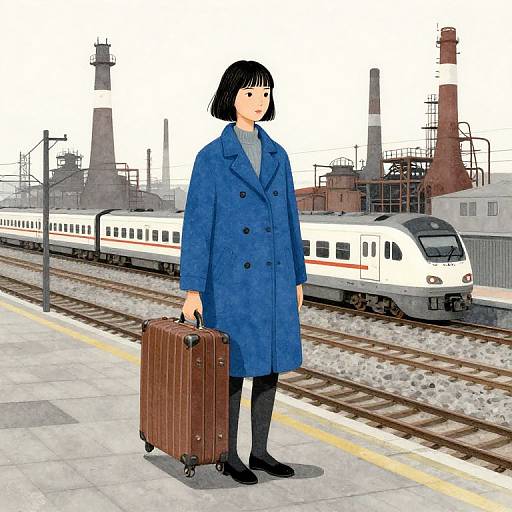 Digital illustration of a short-haired Asian woman in a blue coat, black tights, and black shoes, holding a brown suitcase on a train platform with