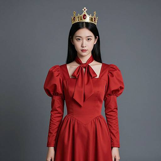 Photograph of an East Asian woman with long black hair, wearing a red velvet dress with puffed sleeves, a gold crown, and a large red