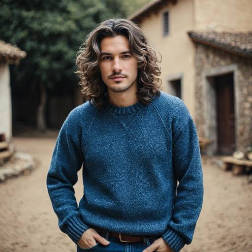 Man in Blue Sweater with Wavy Hair Outdoors
