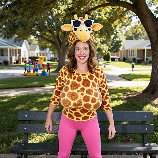 Photograph of a smiling woman with brown hair wearing a giraffe onesie, pink leggings, and giraffe hat, sitting on a black bench in