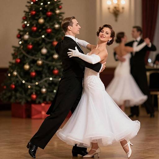Elegant Couple Dancing in a Festive Ballroom