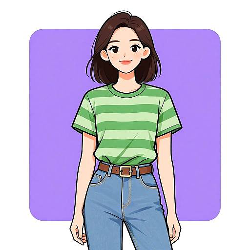 Digital anime-style drawing of a cute young woman with shoulder-length brown hair, wearing a green-striped shirt and blue jeans, smiling against a purple background.