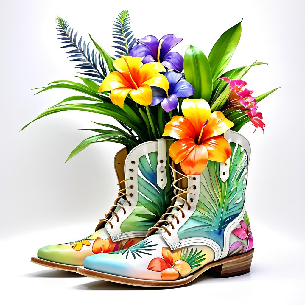 Vibrant Tropical Flowers in Boot Planter