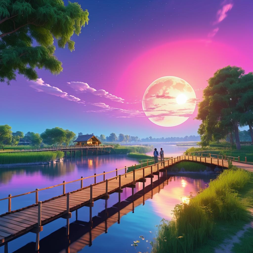 Romantic Riverside Sunset with Moonlit Bridge