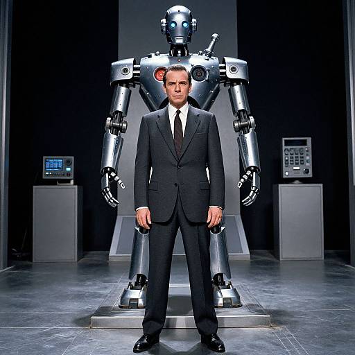 Photograph of a serious man in a black suit standing in front of a tall, silver robot with glowing eyes on a stage.