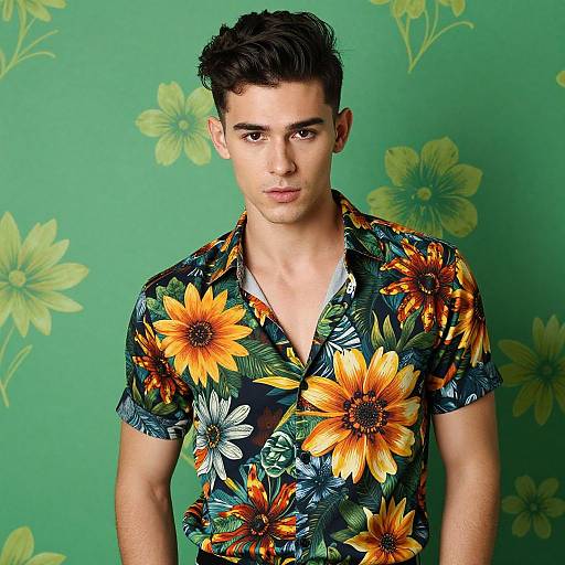 Photograph of a young, handsome man with short, dark hair wearing a colorful floral shirt with sunflowers and green leaves, standing against a green,