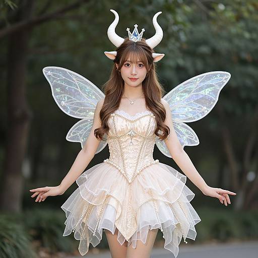 Photograph of an Asian woman in a white, sparkling fairy costume with translucent wings, horned tiara, and long brown hair, standing in a