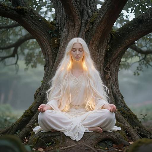 Photograph of a serene, white-haired woman with ethereal glow, sitting cross-legged at the base of a large, moss-covered tree in a mist