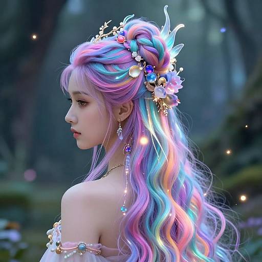 Digital fantasy artwork of an Asian woman with long, rainbow-colored hair, adorned with flowers and lights, in a mystical forest.