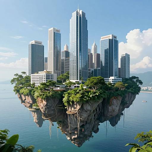 CGI image of a futuristic floating cityscape with towering skyscrapers on a lush, green island, reflecting in calm blue waters.