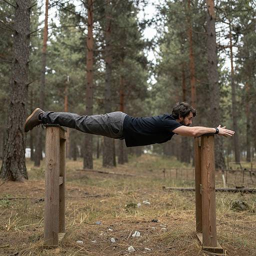 Man Horizontally Suspended Between Wooden Posts in Forest