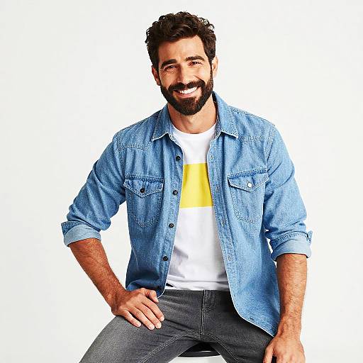 Photograph of a smiling, bearded man with dark curly hair, wearing a blue denim shirt, white t-shirt with yellow stripe, and gray jeans