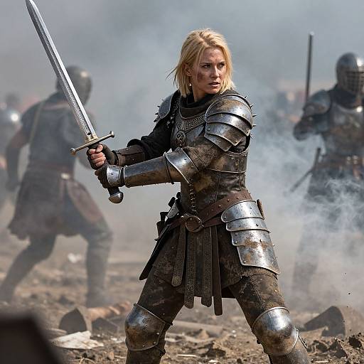 Photograph of a fierce blonde warrior woman in metallic armor, holding a sword, standing in a smoky, rocky battlefield with other armored fighters in the