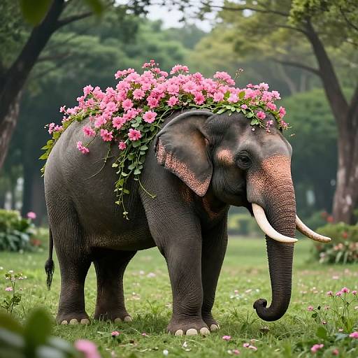 Photograph of a gray elephant adorned with bright pink flowers and green leaves on its back, standing in a lush, green forest clearing with scattered pink flowers