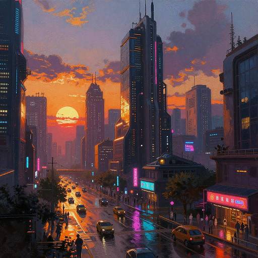 Vibrant Cyberpunk Cityscape at Sunset