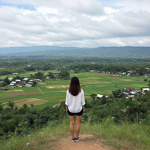 Photograph of a woman with long brown hair, white shirt, black shorts, and white shoes, standing on a grassy hill overlooking a green,