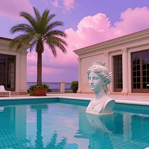 Photograph of a white classical statue of a woman with a crown in an outdoor pool, next to a tall palm tree and neoclassical building