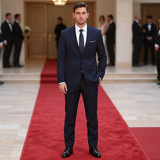 Photograph of a handsome man in a black suit, white shirt, and black tie standing on a red carpet, with blurred guests in the background.