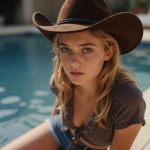 Photograph of a young blonde woman with freckles, wearing a brown cowboy hat and gray crop top, sitting by a blue pool.