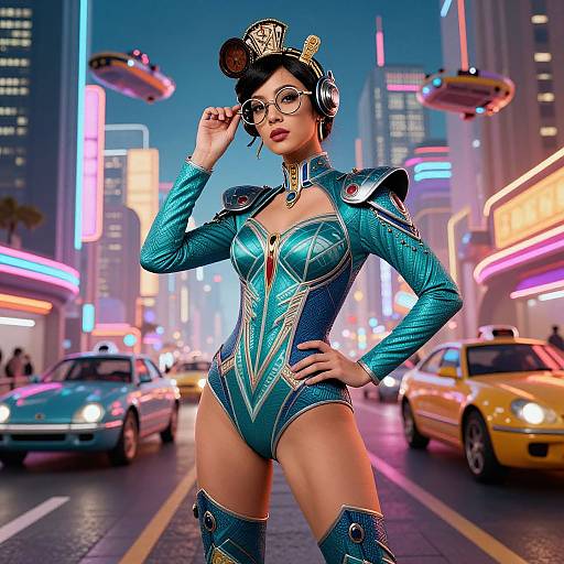 Digital artwork of an Asian woman in a futuristic, teal, high-collared bodysuit with gold accents, wearing a top hat and goggles,