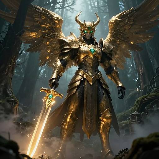 Digital artwork of a golden armored, winged angel warrior with glowing green eyes, holding a radiant sword, standing in a misty forest.
