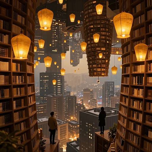 Photograph of a cityscape view from a library balcony, with floating paper lanterns illuminating silhouetted figures among towering buildings.