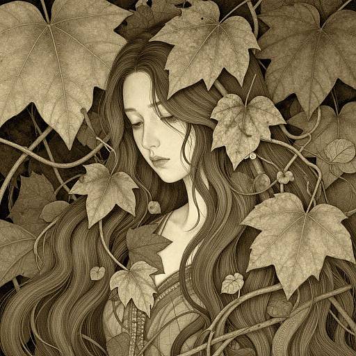 Sepia-toned digital drawing of a serene woman with long, wavy hair surrounded by large, detailed leaves, eyes closed, lost in nature.