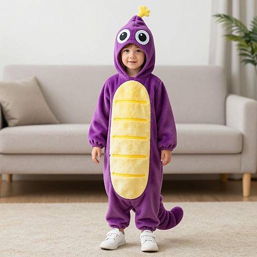 Young child wearing a purple, dragon-themed onesie with yellow belly, white shoes, standing in living room with gray sofa. Photograph.
