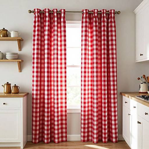 Photograph of a bright kitchen with red and white checkered curtains, white cabinets, wooden shelves, and a sunny window.
