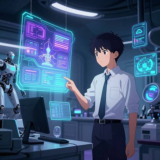 Anime-style illustration of a young man in a white shirt and black tie, pointing at neon blue holographic interfaces in a futuristic tech lab with a robot