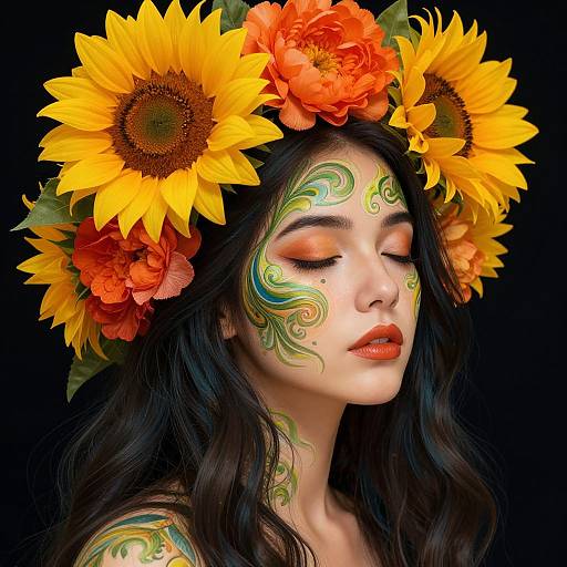 Photograph of a fair-skinned woman with closed eyes, wearing a sunflower and orange flower headpiece, green and yellow face paint, black w