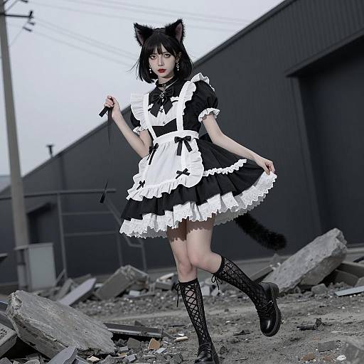 Gothic Lolita Woman with Cat Ears on Rubble
