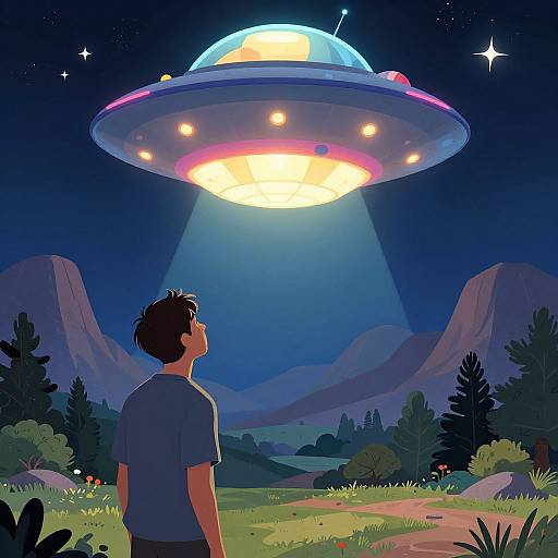 Man Gazing at Vibrant UFO