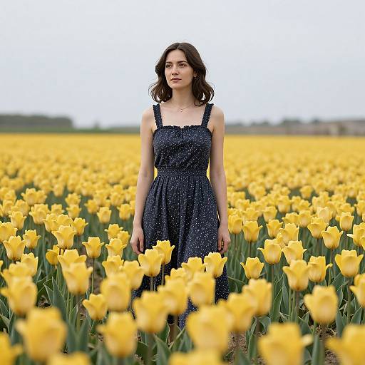 Photograph of a young woman with shoulder-length dark hair in a black, polka-dotted dress standing in a vibrant yellow tulip field.
