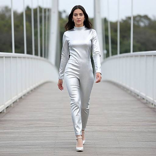 Woman in Silver Jumpsuit on Bridge