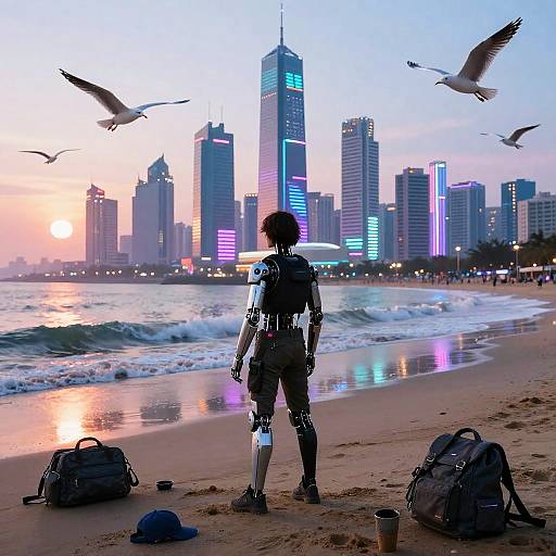 Robot standing on beach at sunset, facing neon-lit city skyline; seagulls flying, backpacks on sand, ocean waves in foreground.