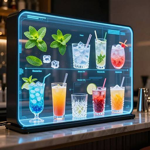 Neon-lit digital display showcasing six colorful cocktails with ice cubes, mint, and garnishes on a bar counter, glowing vividly.