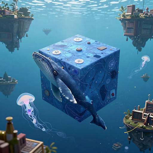 Digital illustration: A blue, cube-shaped, whale-covered object floats in a vibrant, underwater cityscape with jellyfish, buildings, and floating islands.